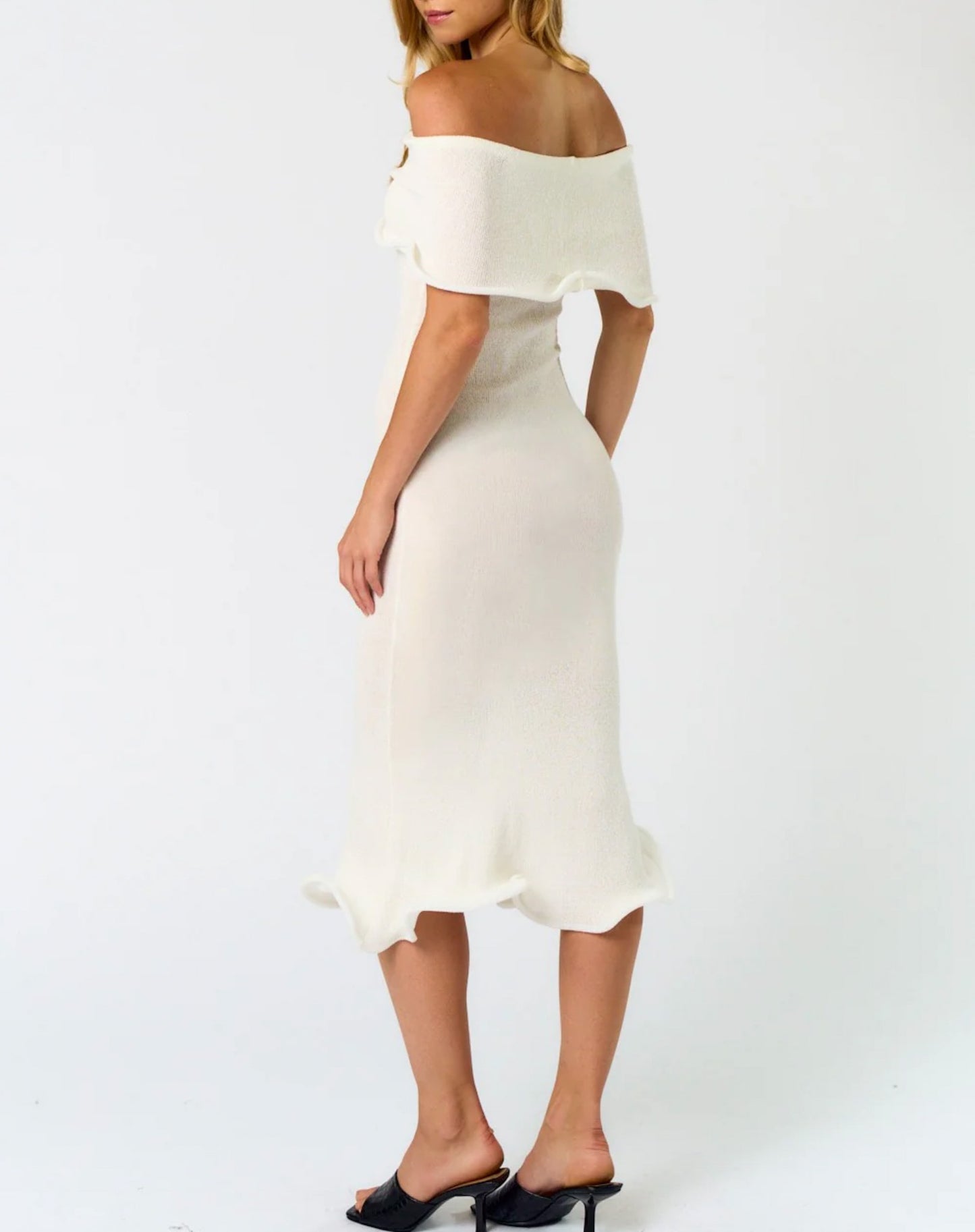 Wavy Hem Off The Shoulder Midi Dress