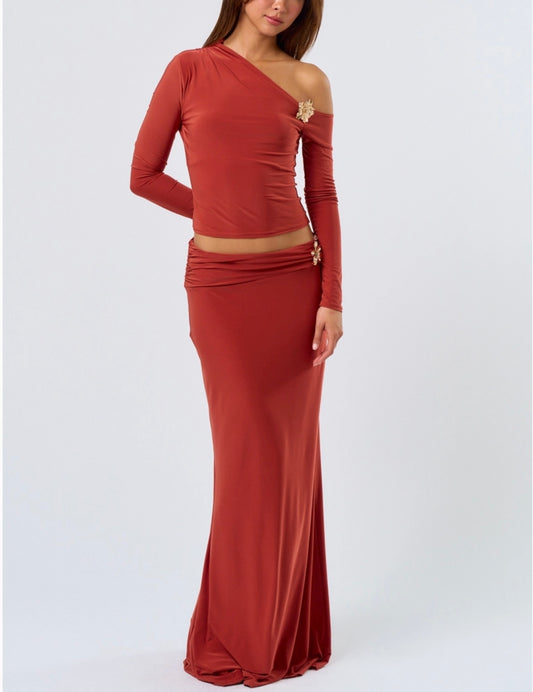 One Shoulder Flower Detail Top and Maxi Skirt Set