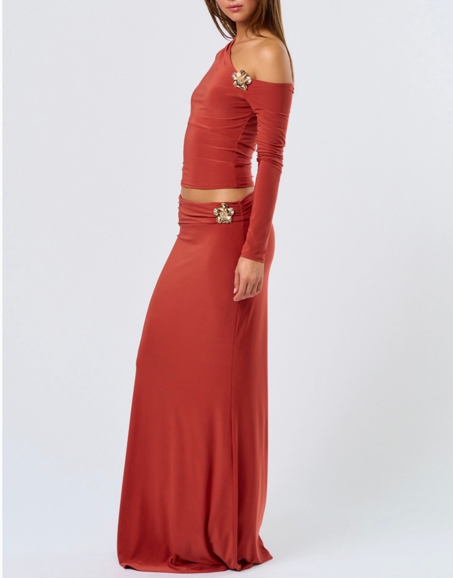 One Shoulder Flower Detail Top and Maxi Skirt Set